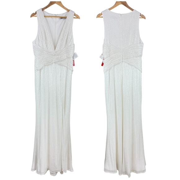 Mac Duggal NWT V-Neck Sequin Wrap Waist Gown White Side Slit Size 2 Sleeveless - Picture 3 of 8